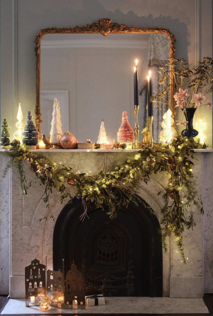 Antique Marble Fireplace with Pink Christmas Decor