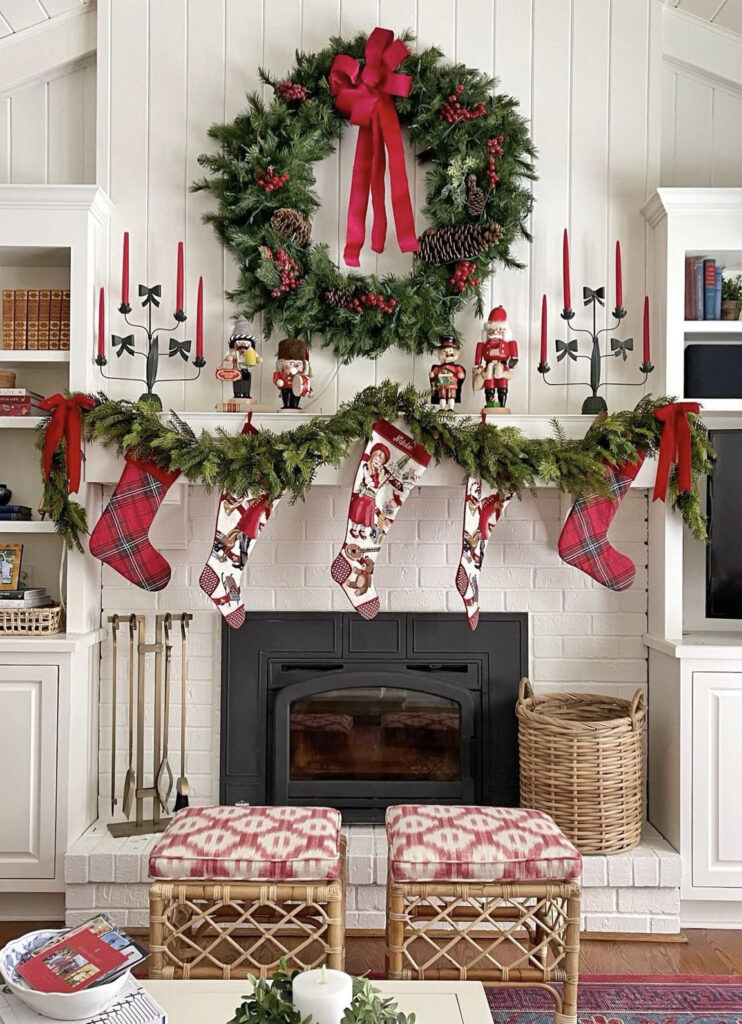 Bright Red & Green Christmas Mantle Decor