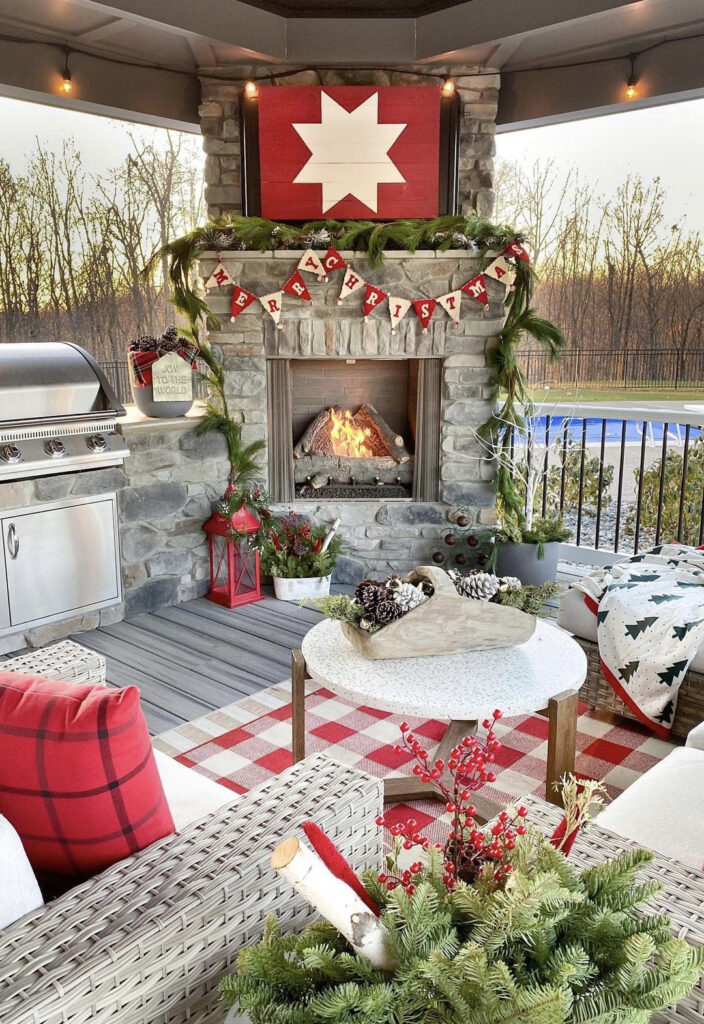 Christmas Themed Outdoor Patio with Red Checkered Rug