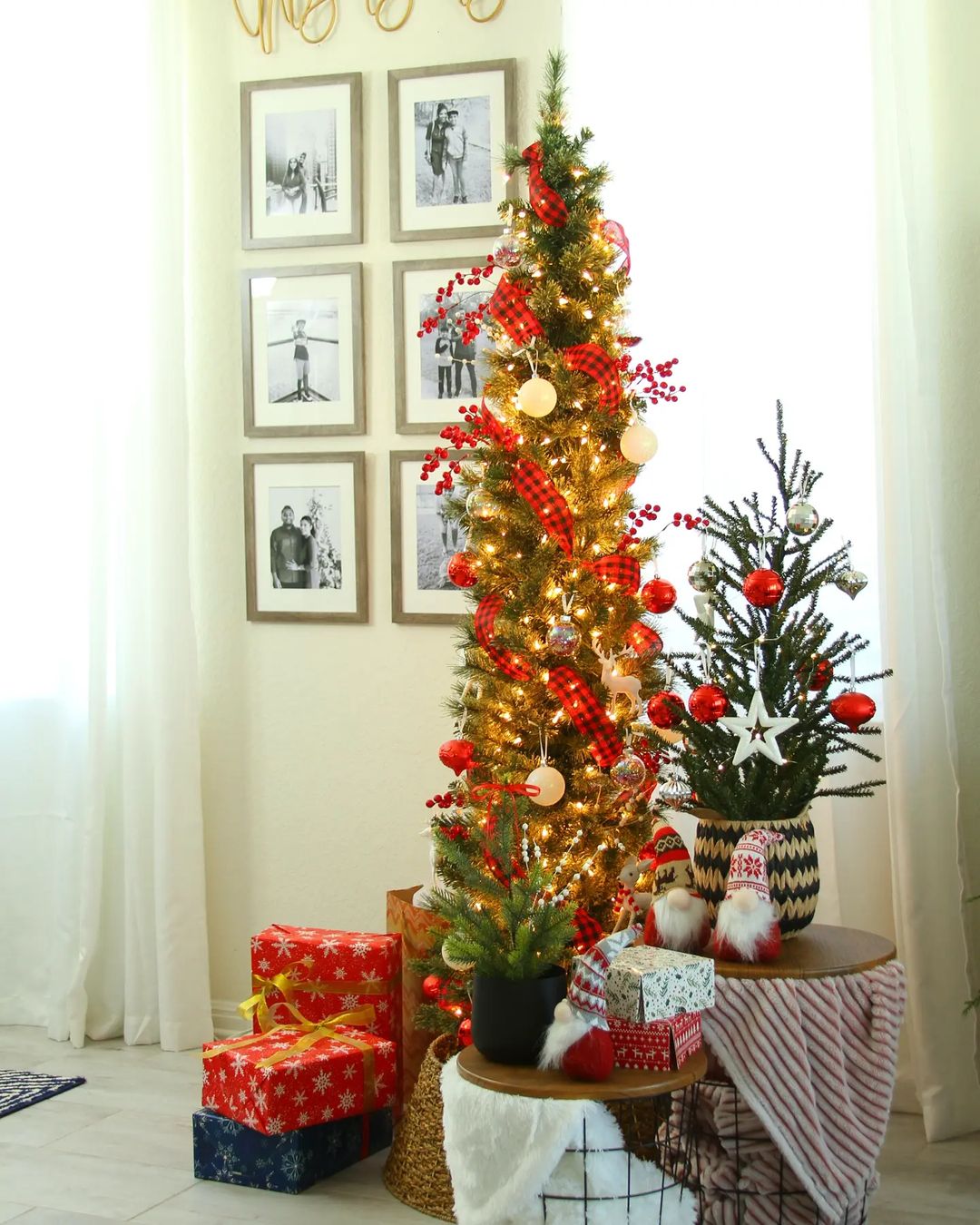 Slim Christmas Tree and Bright Decorations