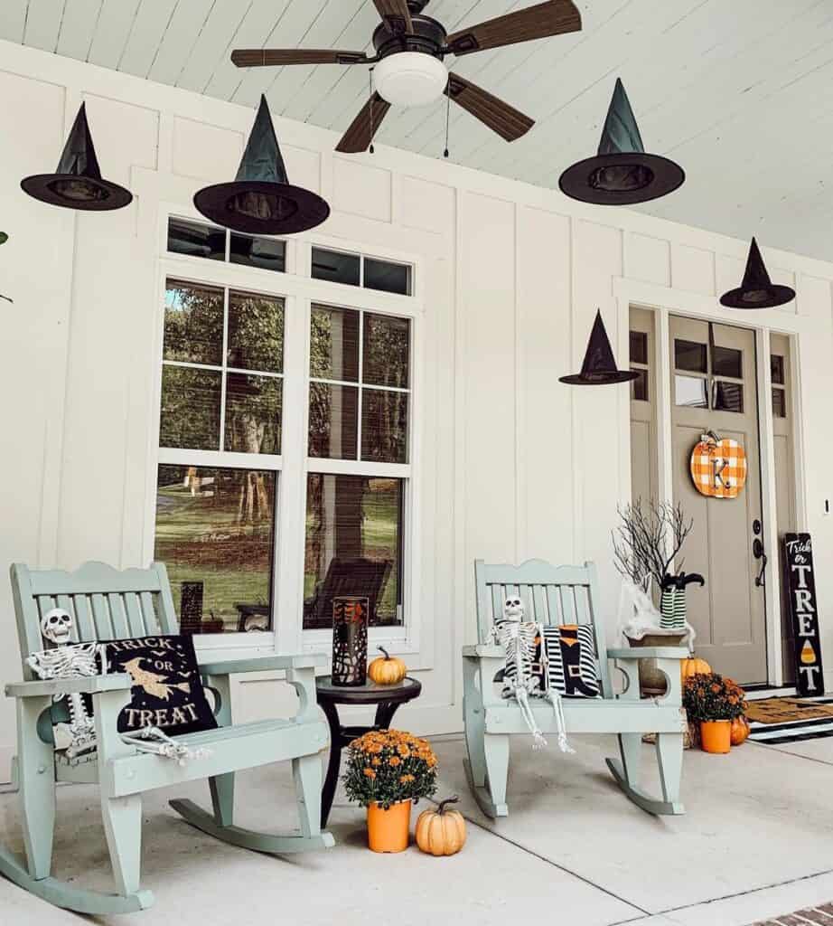 Witch Hats and Skeleton Halloween Porch