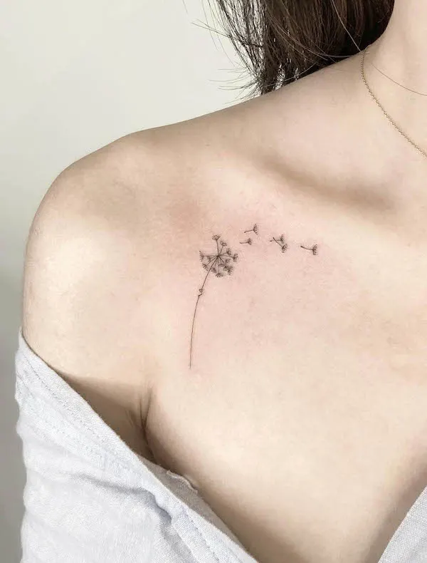 Dandelion flower collarbone tattoo